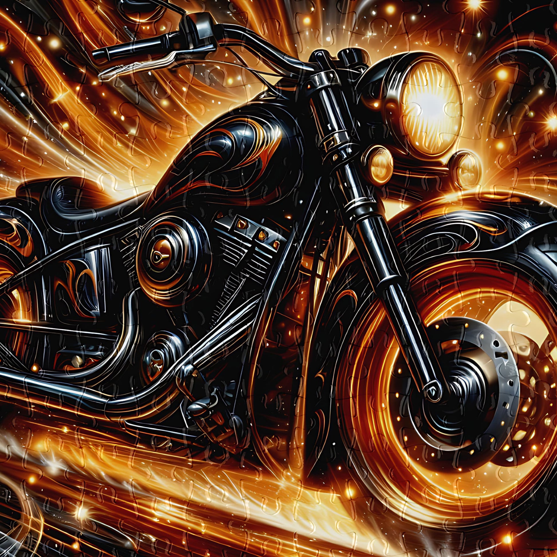 Chopper motorcycle puzzle piece detail close-up, wooden jigsaw puzzle, 300 pieces, matte finish