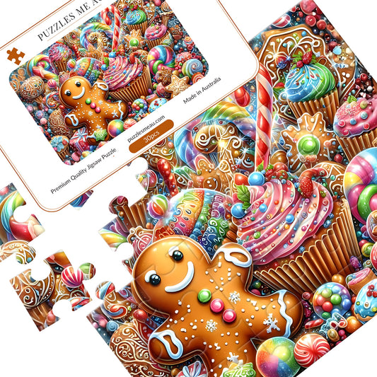 Christmas Candy and Gingerbread wooden puzzle 30 pieces by Puzzles Me AU - smiling gingerbread man with cupcakes, candy canes and lollipops, puzzle pieces spread out with Signature Edition metal keepsake box, handmade in Queensland Australia