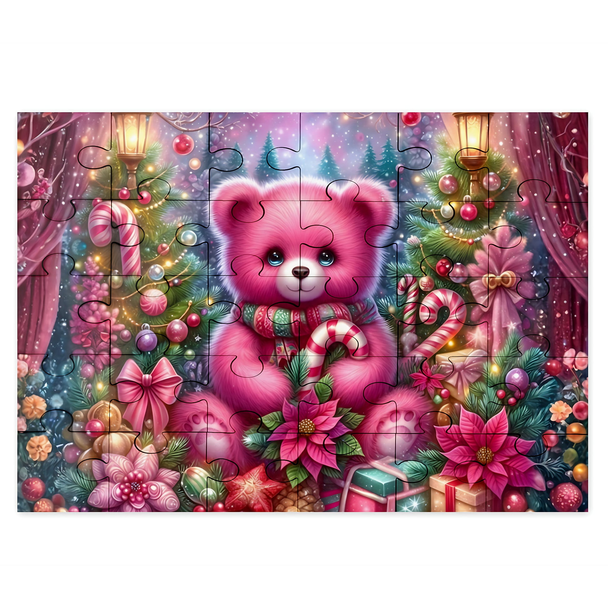 A completed jigsaw puzzle featuring a whimsical Christmas scene with a pink teddy bear holding candy canes, surrounded by decorated trees, poinsettias, ornaments, and wrapped gifts on a white background.