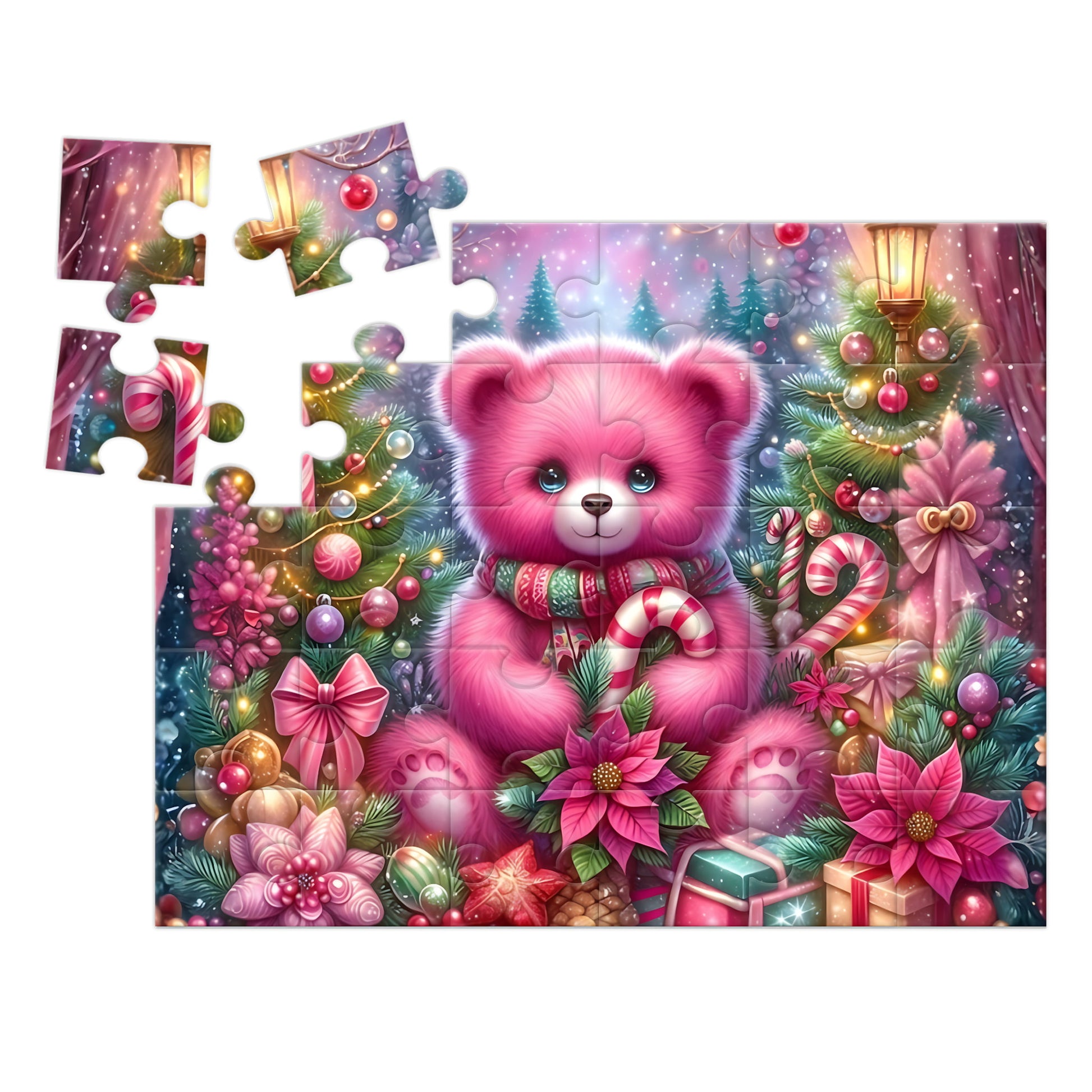 A completed and partially assembled jigsaw puzzle featuring a pink teddy bear in a festive Christmas scene with candy canes, ornaments, flowers, and wrapped gifts, shown on a white background.