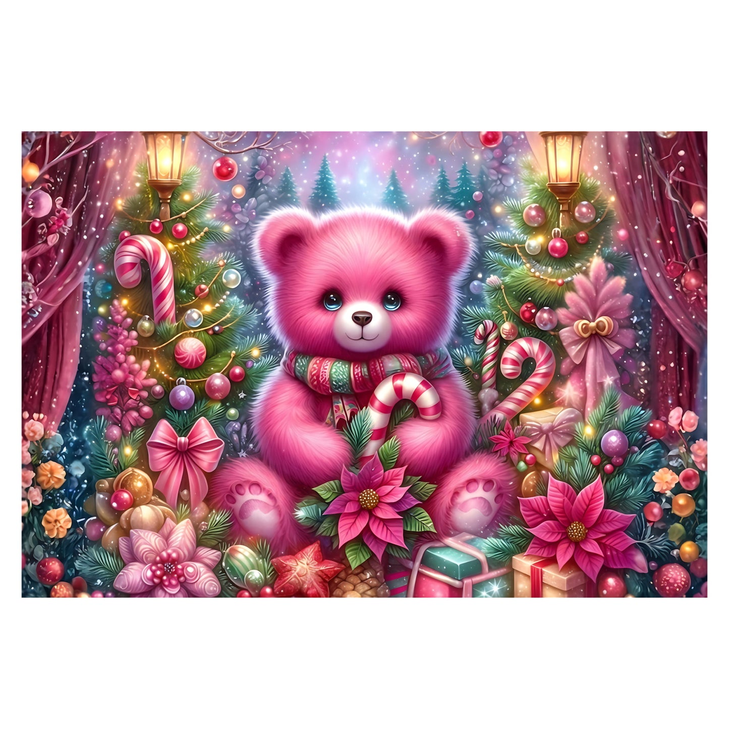 A festive Christmas scene featuring a fluffy pink teddy bear in the center, surrounded by decorated Christmas trees, candy canes, poinsettias, ornaments, and wrapped gifts under warm hanging lanterns.