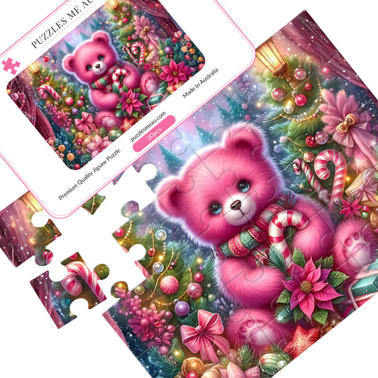 Christmas Pink Teddy Bear wooden puzzle 30 pieces by Puzzles Me AU - fluffy pink bear with candy cane and poinsettias, puzzle pieces spread out with Signature Edition metal keepsake box, handmade in Queensland Australia
