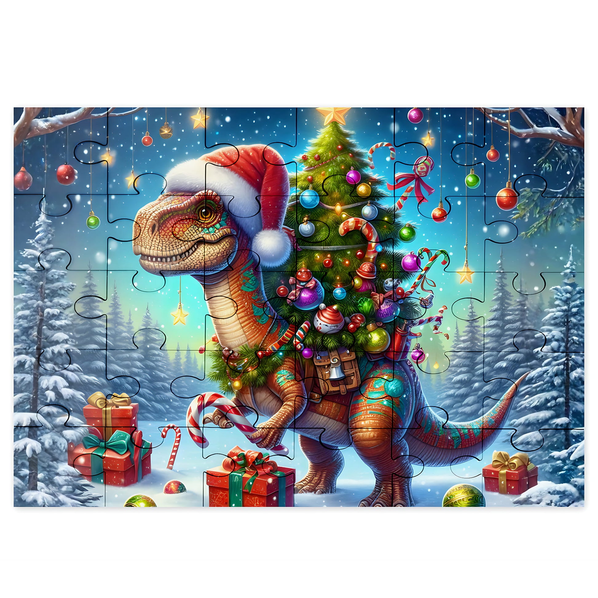 A completed jigsaw puzzle featuring a festive Christmas dinosaur in a snowy night scene, wearing a Santa hat and decorated with a glowing Christmas tree, candy canes, ornaments, and wrapped gifts.