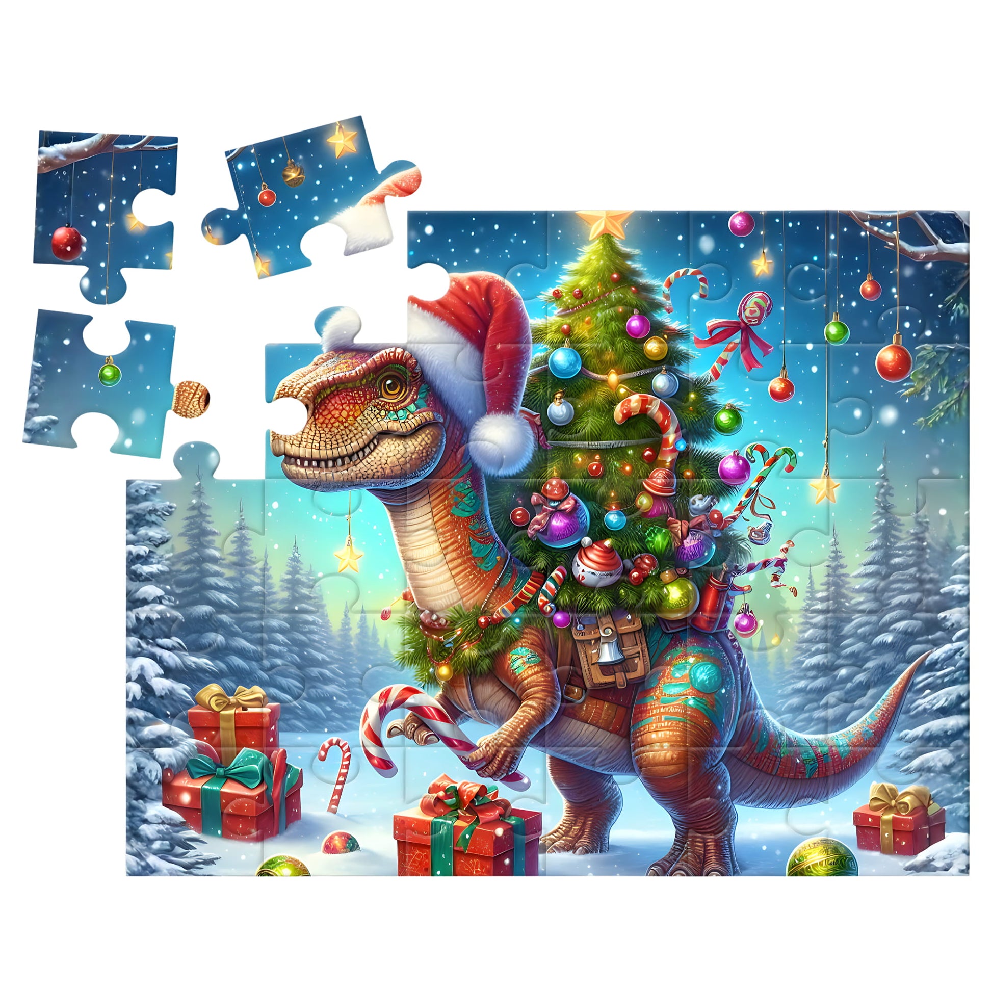 A nearly complete jigsaw puzzle showing a festive Christmas dinosaur wearing a Santa hat and carrying a decorated tree, with snow, gifts, candy canes, and a forest background. Three puzzle pieces are shown detached at the upper left on a white background.