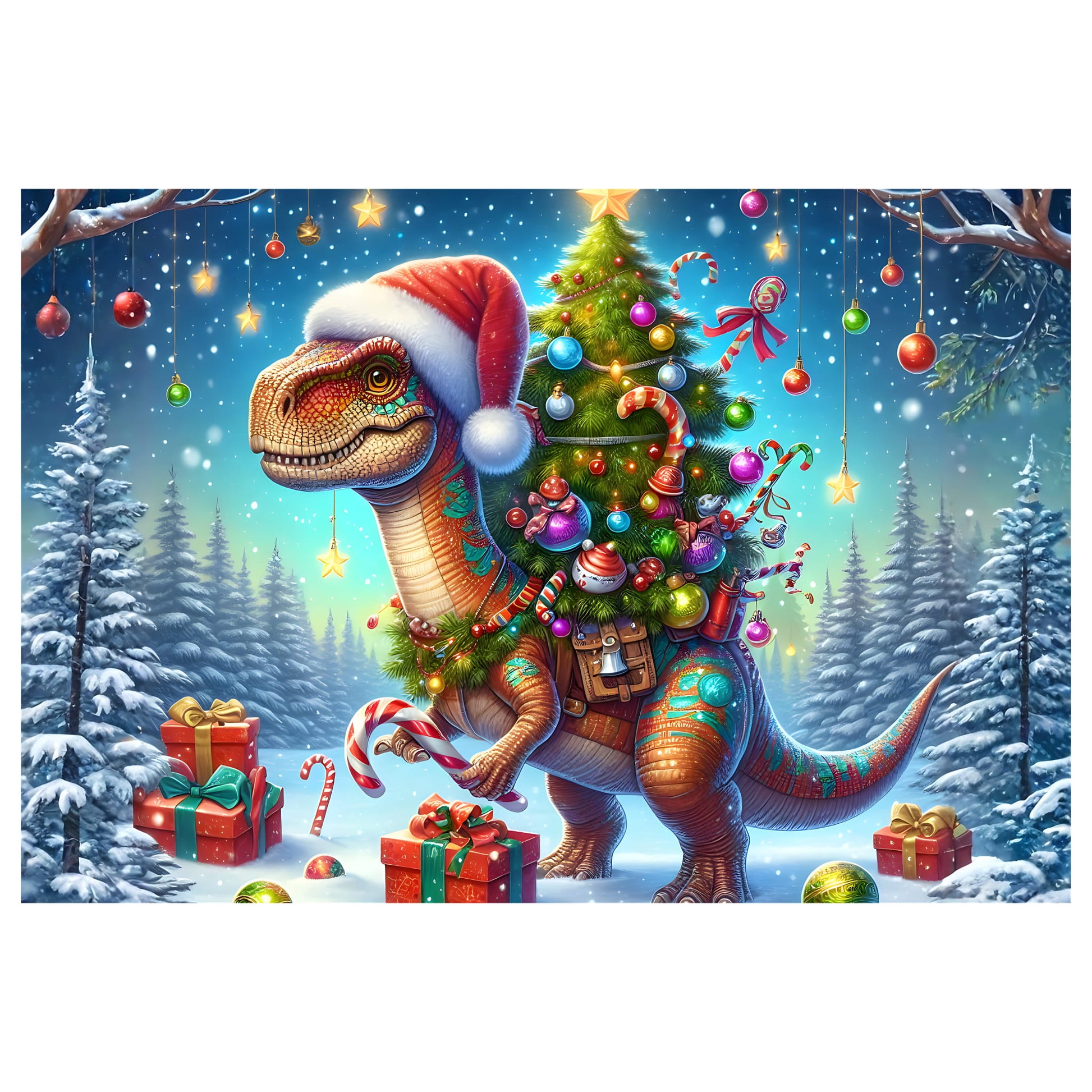 A festive illustrated scene of a brown dinosaur wearing a red Santa hat and carrying a decorated Christmas tree, with candy canes, ornaments, snow, pine trees, and gift boxes in a snowy night landscape.