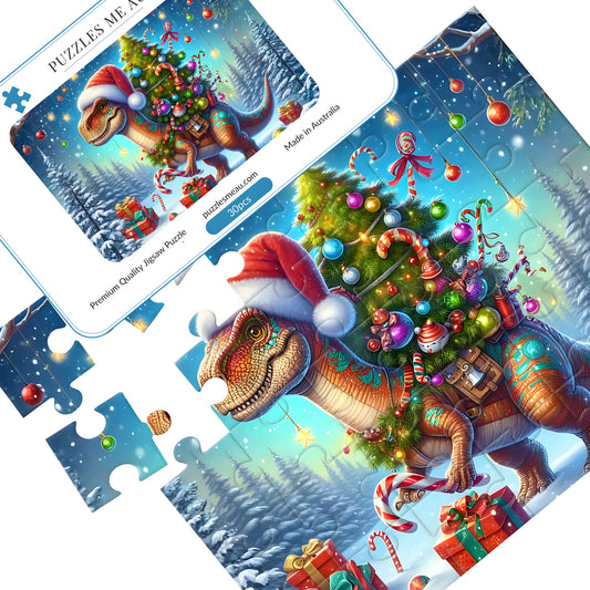Christmas T-Rex wooden puzzle 30 pieces by Puzzles Me AU - festive dinosaur in Santa hat with Christmas tree, puzzle pieces spread out with Signature Edition metal keepsake box, handmade in Queensland Australia