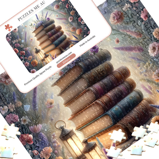 Cottagecore Books and Flowers 300pc Jigsaw Puzzle with Signature Edition Metal Keepsake Box - Puzzles Me AU