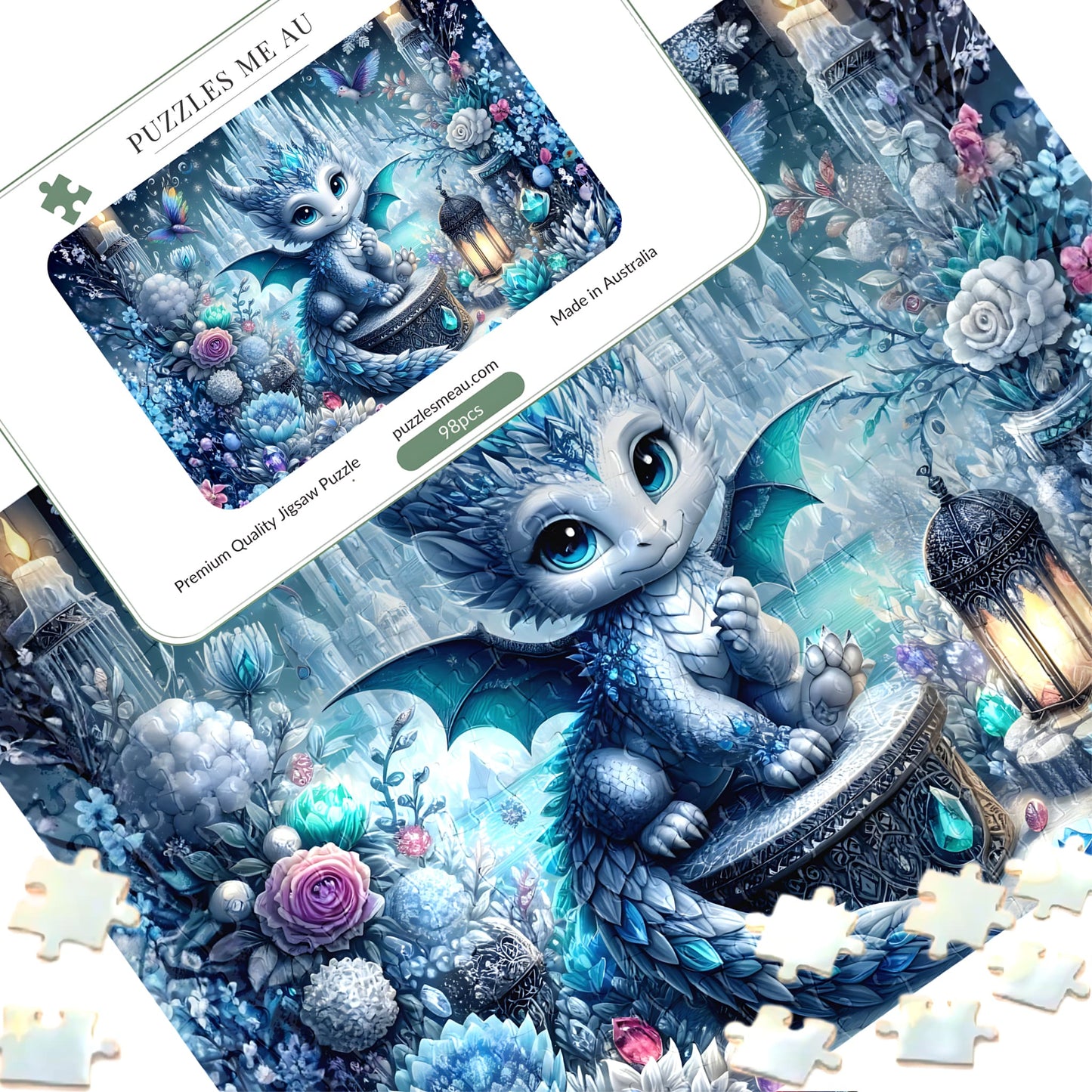 Crystal Dragon Fantasy 98-piece jigsaw puzzle close-up showing standard-size pieces and crystal dragon artwork