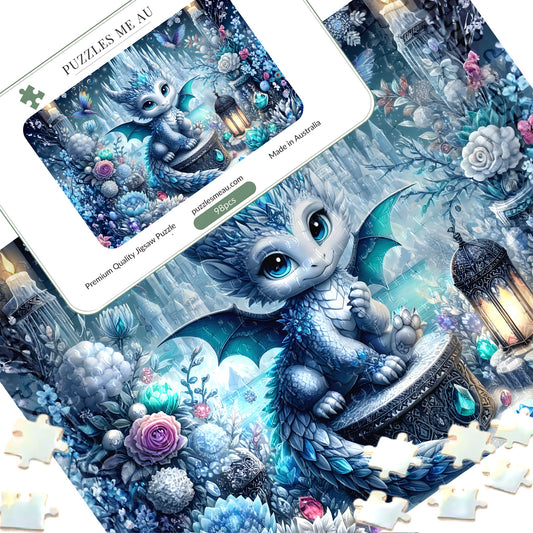 Crystal Dragon Fantasy 98-piece jigsaw puzzle close-up showing standard-size pieces and crystal dragon artwork