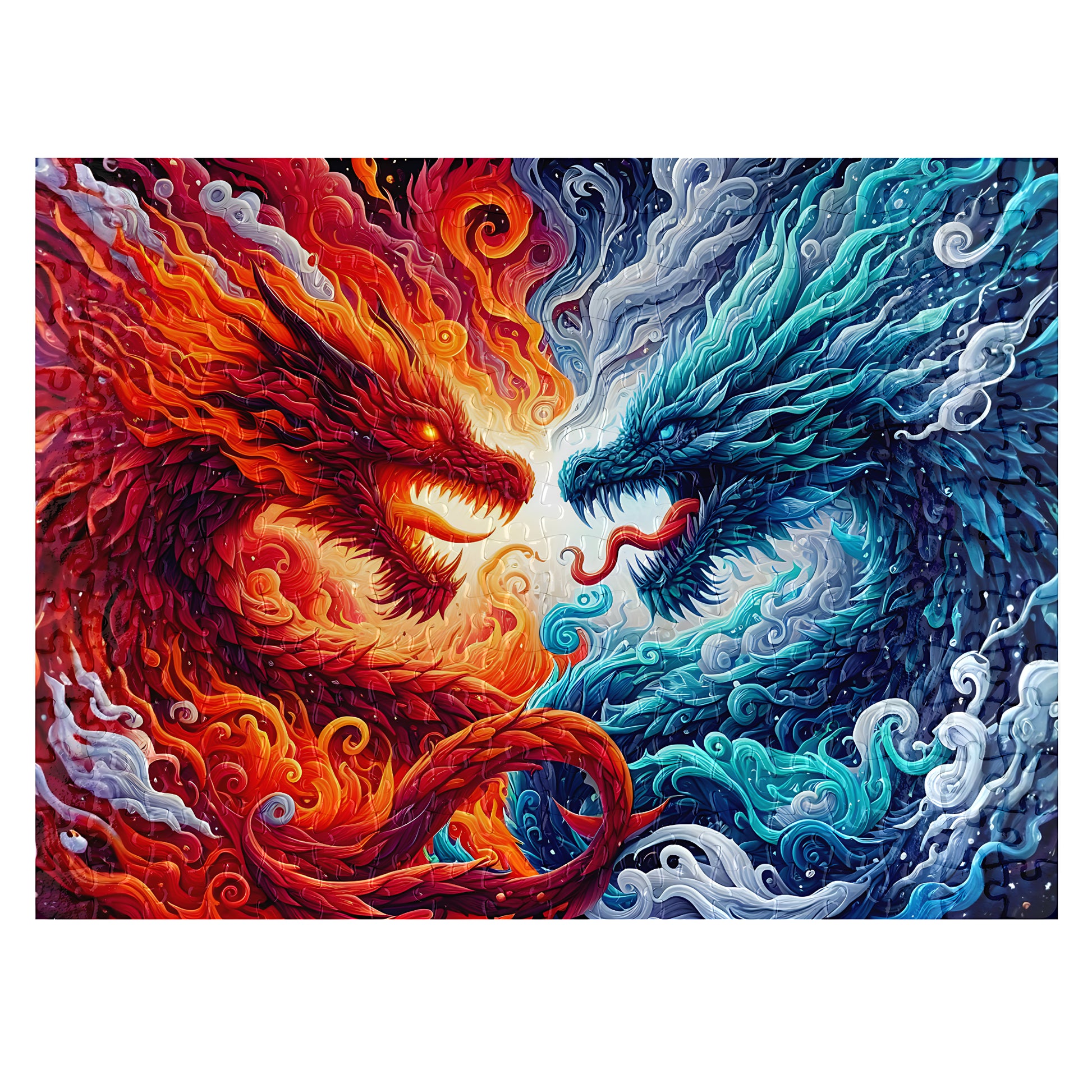 Fire and Ice Dragon Yin Yang 300-piece wooden jigsaw puzzle assembled with opposing red and blue dragons