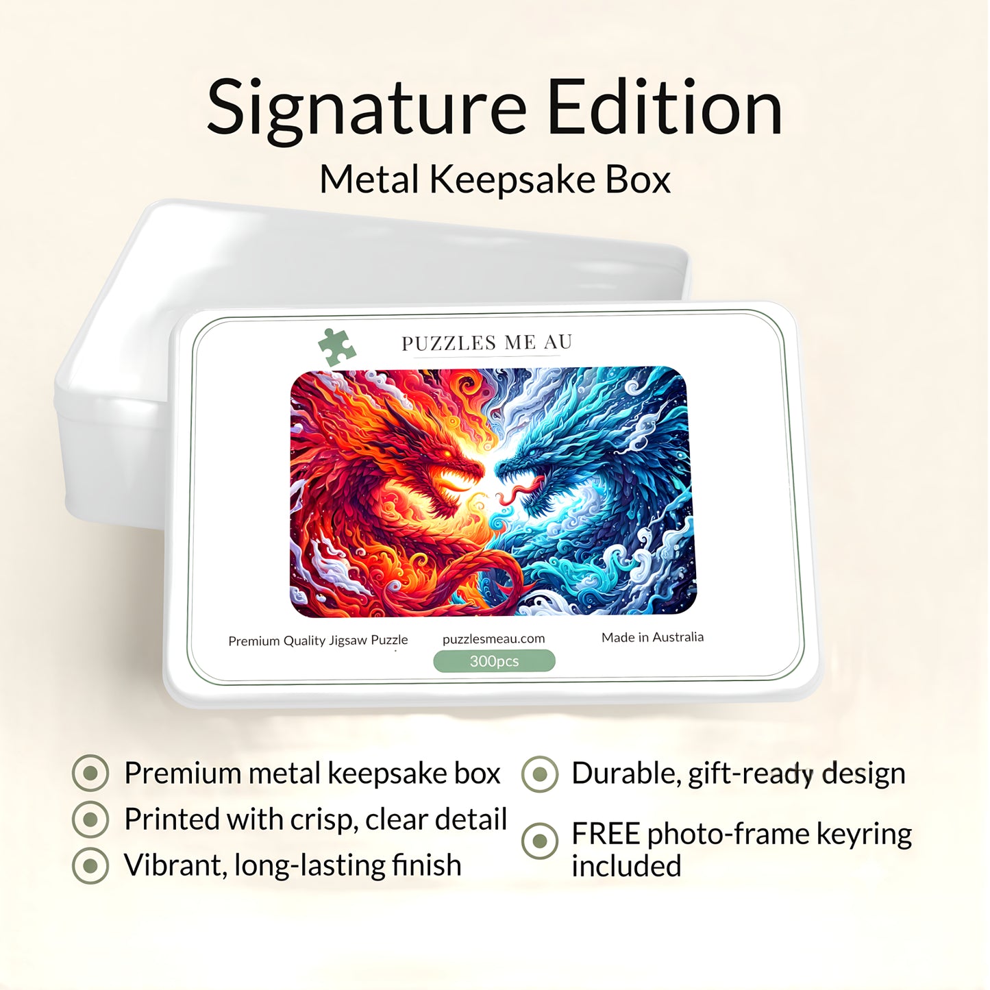 Fire and Ice Dragon Yin Yang 300-piece wooden jigsaw puzzle with Signature Edition metal keepsake box