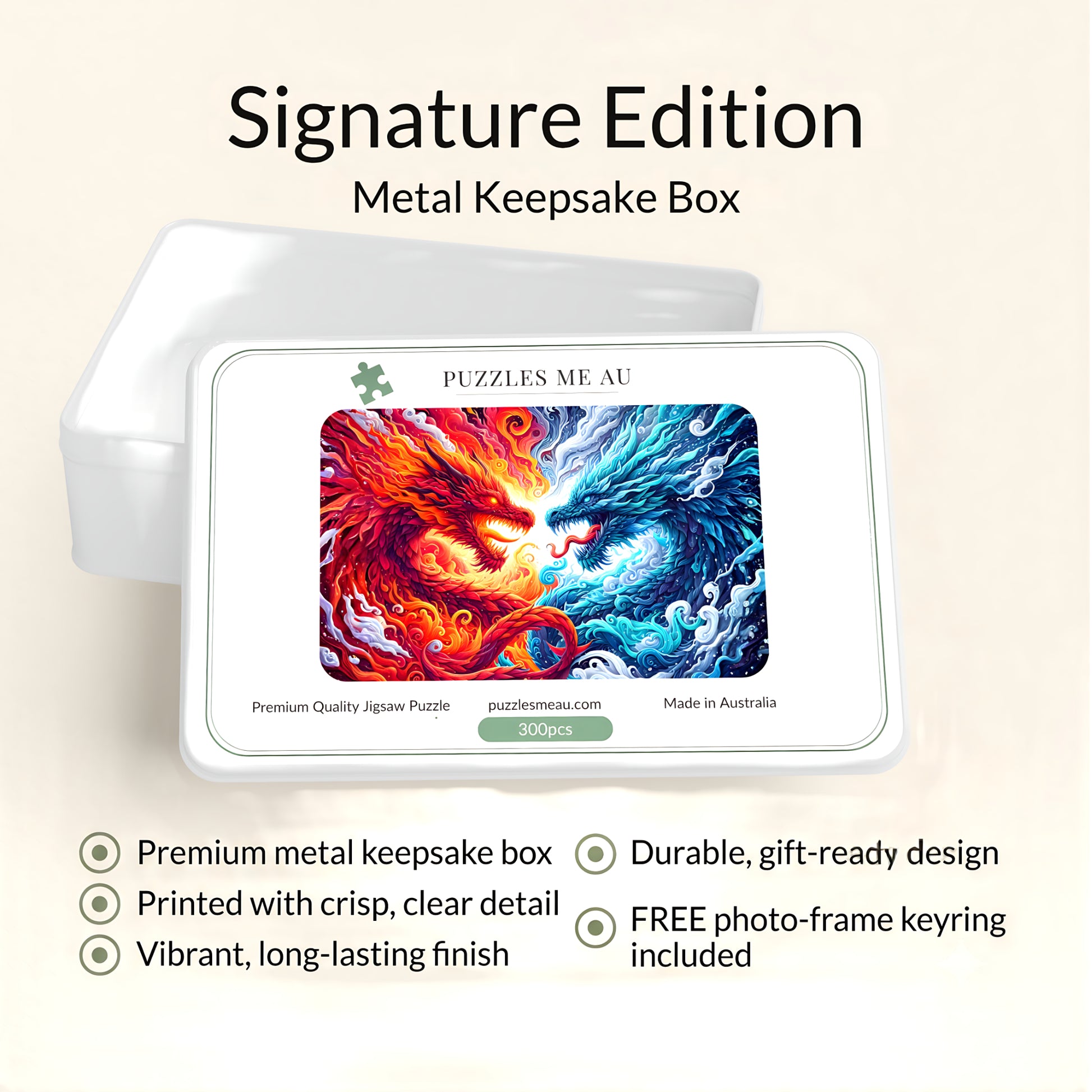 Fire and Ice Dragon Yin Yang 300-piece wooden jigsaw puzzle with Signature Edition metal keepsake box
