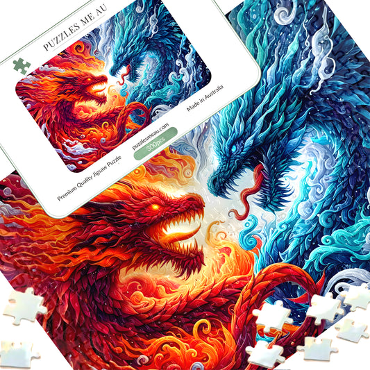 Fire and Ice Dragon Yin Yang 300-piece wooden jigsaw puzzle close-up with standard-size pieces and keepsake box