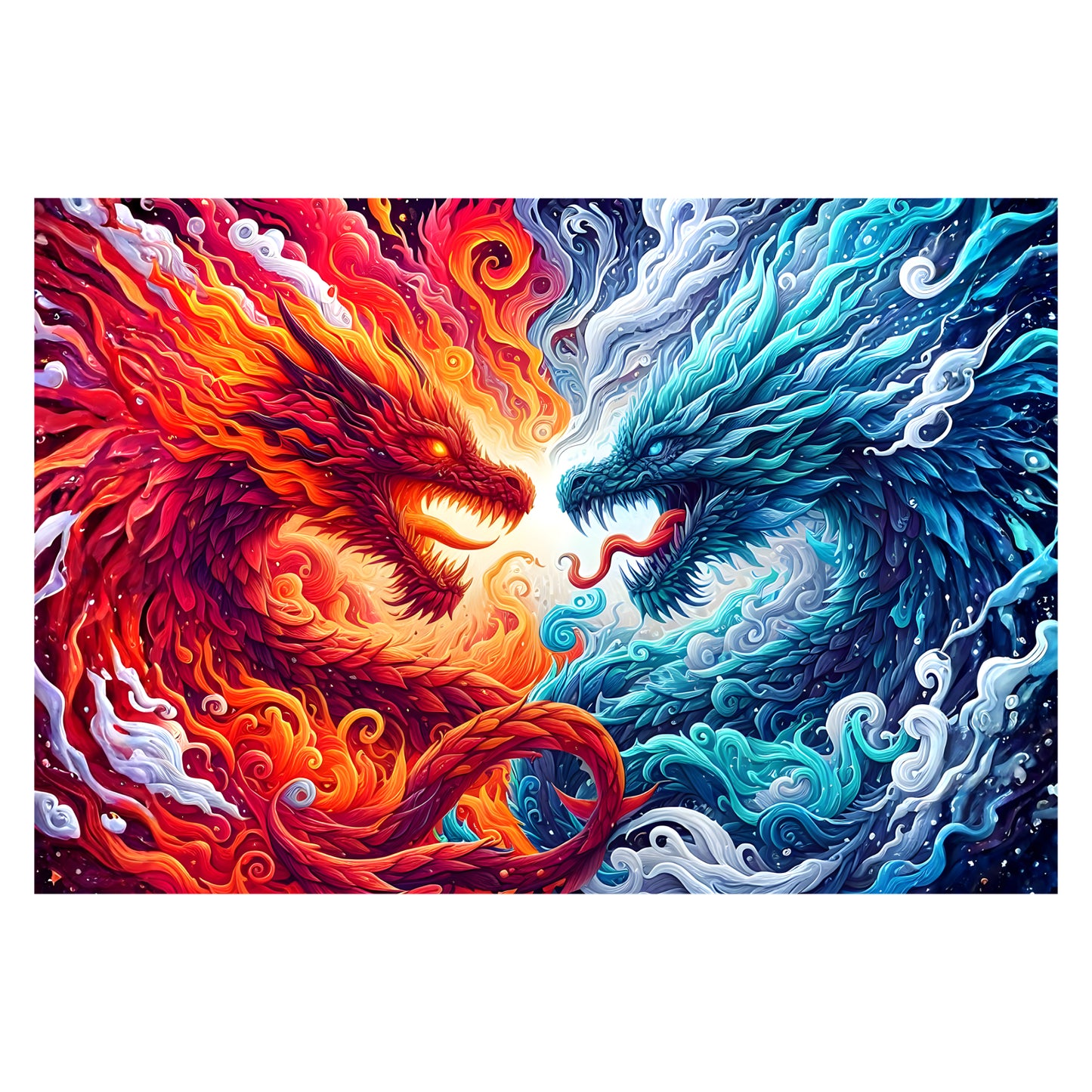 Fire and Ice Dragon Yin Yang puzzle artwork with opposing fire and ice dragons in a yin yang design