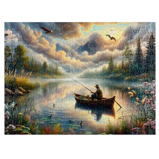 Assembled Fisherman's Lake at Dawn jigsaw puzzle showing gloss finish pieces with a lone fisherman fishing from a rowboat on a misty lake surrounded by wildflowers and soaring eagles