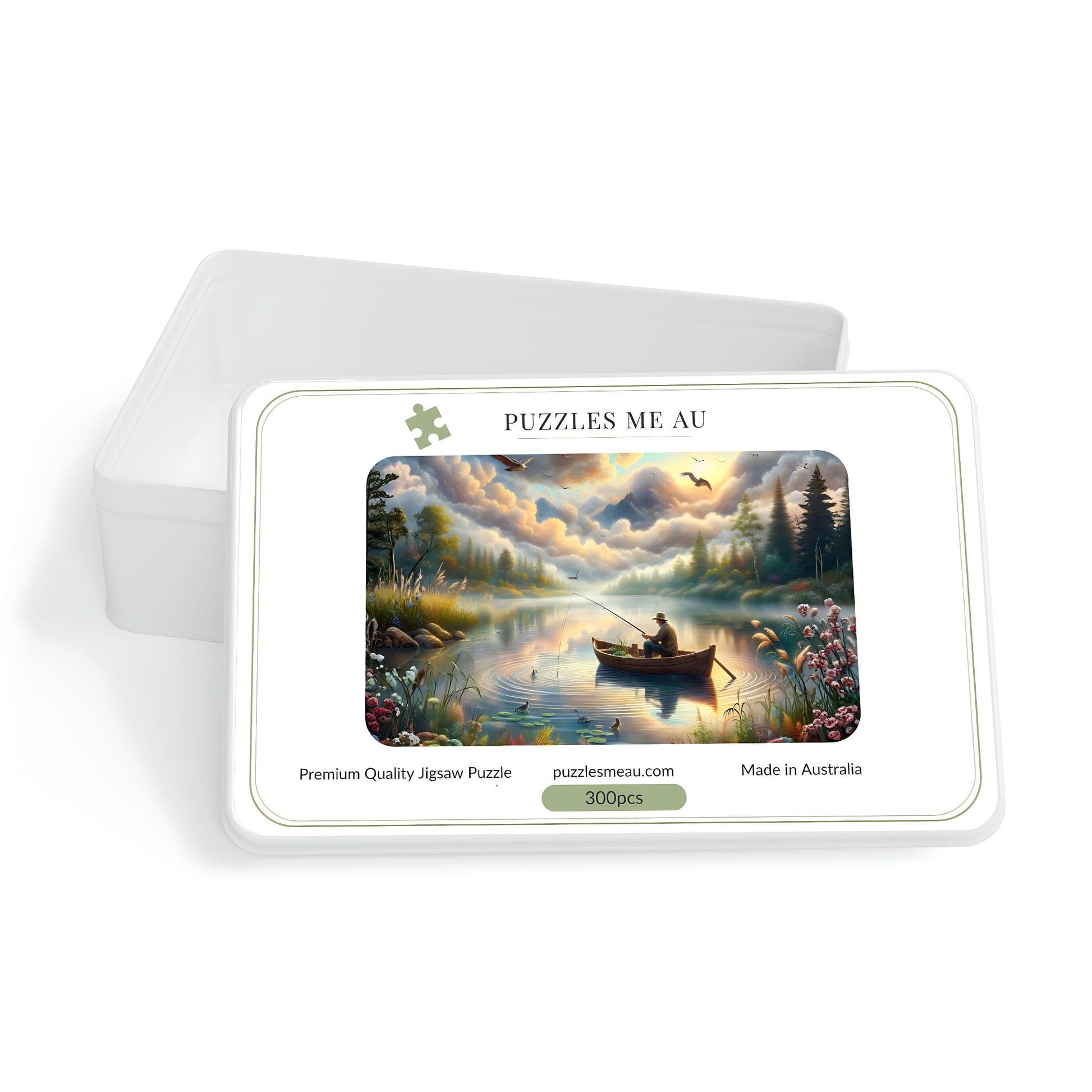 Puzzles Me AU branded box for Fisherman's Lake at Dawn 300-piece jigsaw puzzle - Premium Quality, Made in Australia