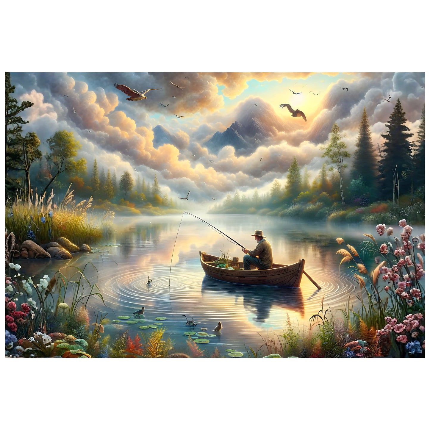 Reference image - Fisherman's Lake at Dawn landscape art featuring a lone fisherman in a rowboat on a calm misty lake at sunrise, printed on premium matte photo paper