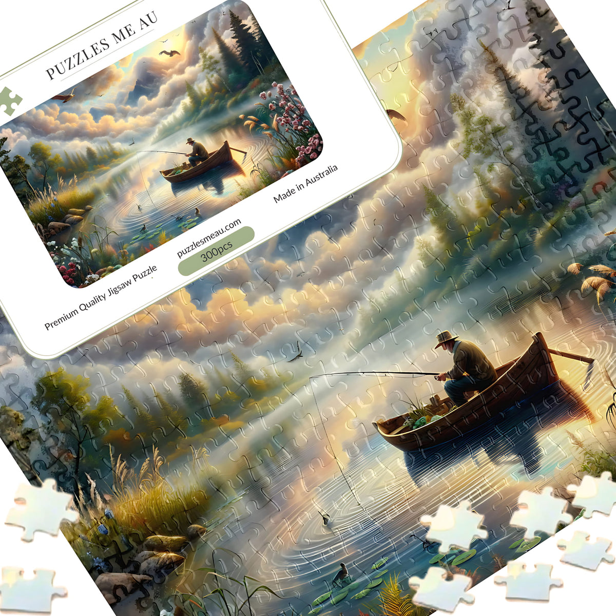 Fisherman's Lake at Dawn 300 piece jigsaw puzzle - puzzle pieces spread alongside Puzzles Me AU branded box and Signature Edition metal keepsake box, lone fisherman in rowboat on misty lake at sunrise, handmade in Queensland Australia
