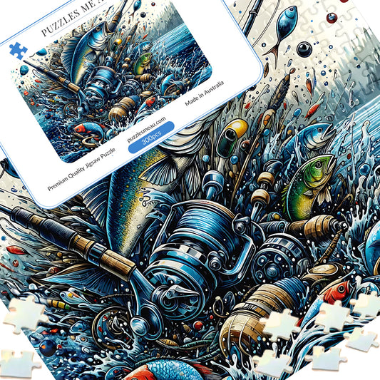 Fishing Frenzy 300 piece jigsaw puzzle - puzzle pieces spread alongside Puzzles Me AU branded box and Signature Edition metal keepsake box, vivid fishing rods reels and fish artwork, handmade in Queensland Australia