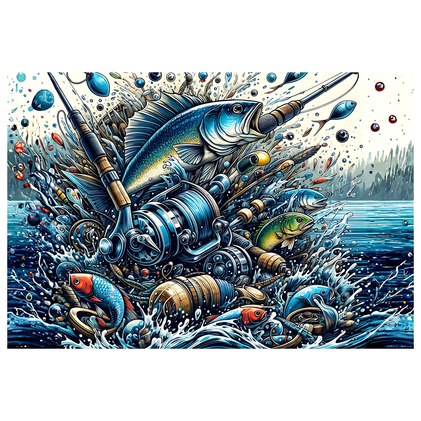 Fishing Frenzy 300-piece jigsaw puzzle - reference artwork showing bold illustrated fishing scene with fish, rods and reels