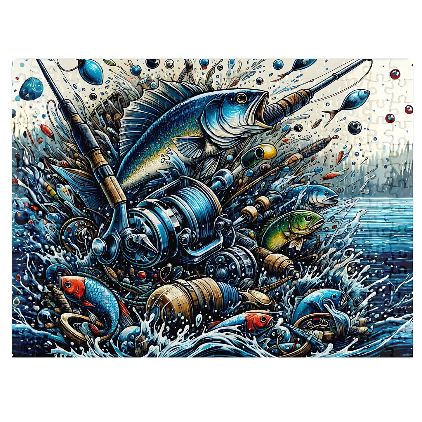 Fishing Frenzy 300-piece jigsaw puzzle - assembled puzzle showing vibrant fishing scene with visible piece lines