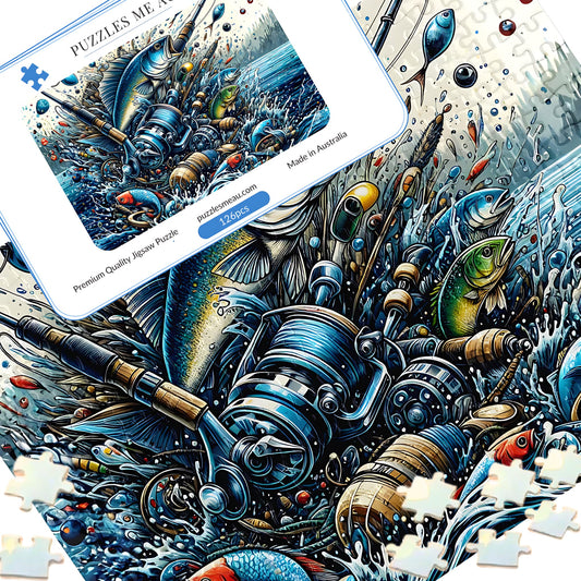 Puzzles Me AU Signature Edition metal keepsake box for Fishing Frenzy 126 piece magnetic puzzle - bold illustrated fishing scene with leaping fish and reels, premium gift-ready packaging, handmade in Queensland Australia