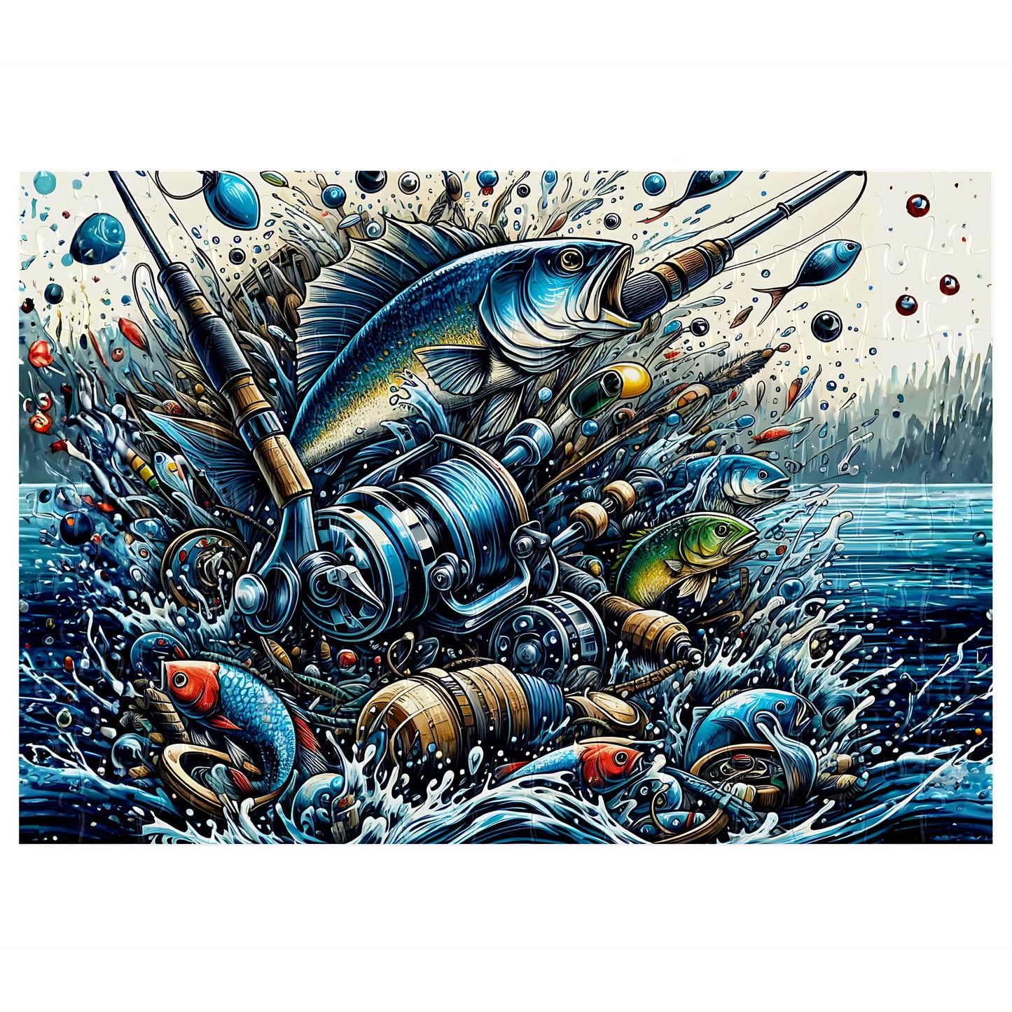 Fishing Frenzy 126-piece magnetic puzzle - assembled puzzle showing vibrant fishing scene with fish, rods and reels