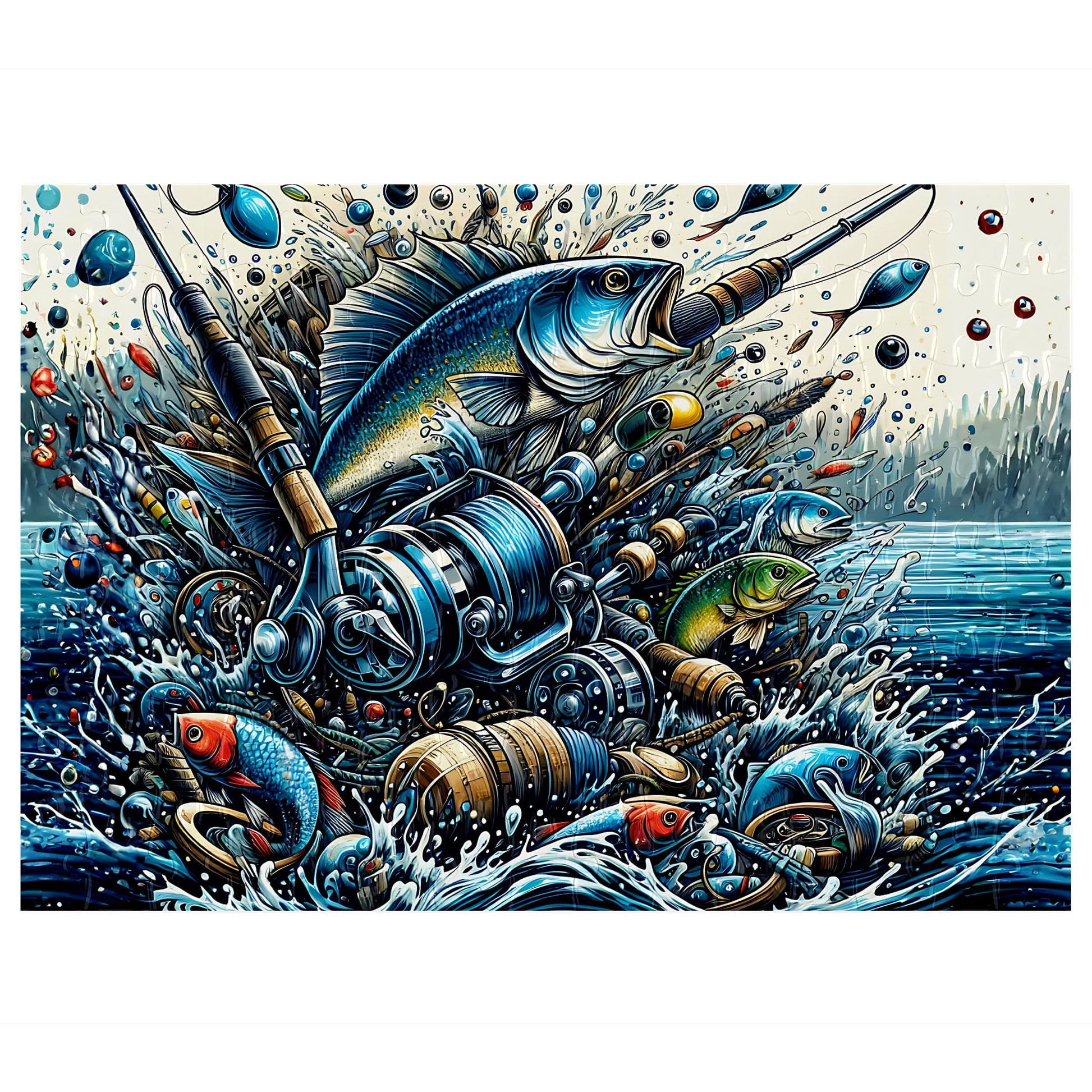 Fishing Frenzy 126-piece magnetic puzzle - assembled puzzle showing vibrant fishing scene with fish, rods and reels