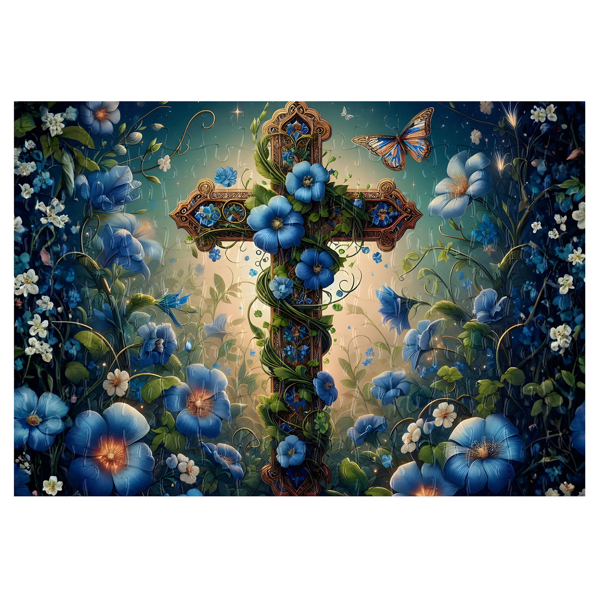Assembled Floral Cross Blue Garden 126-piece magnetic jigsaw puzzle with gloss finish pieces, featuring an ornate cross entwined with blue morning glory flowers, green vines and a butterfly in an ethereal garden