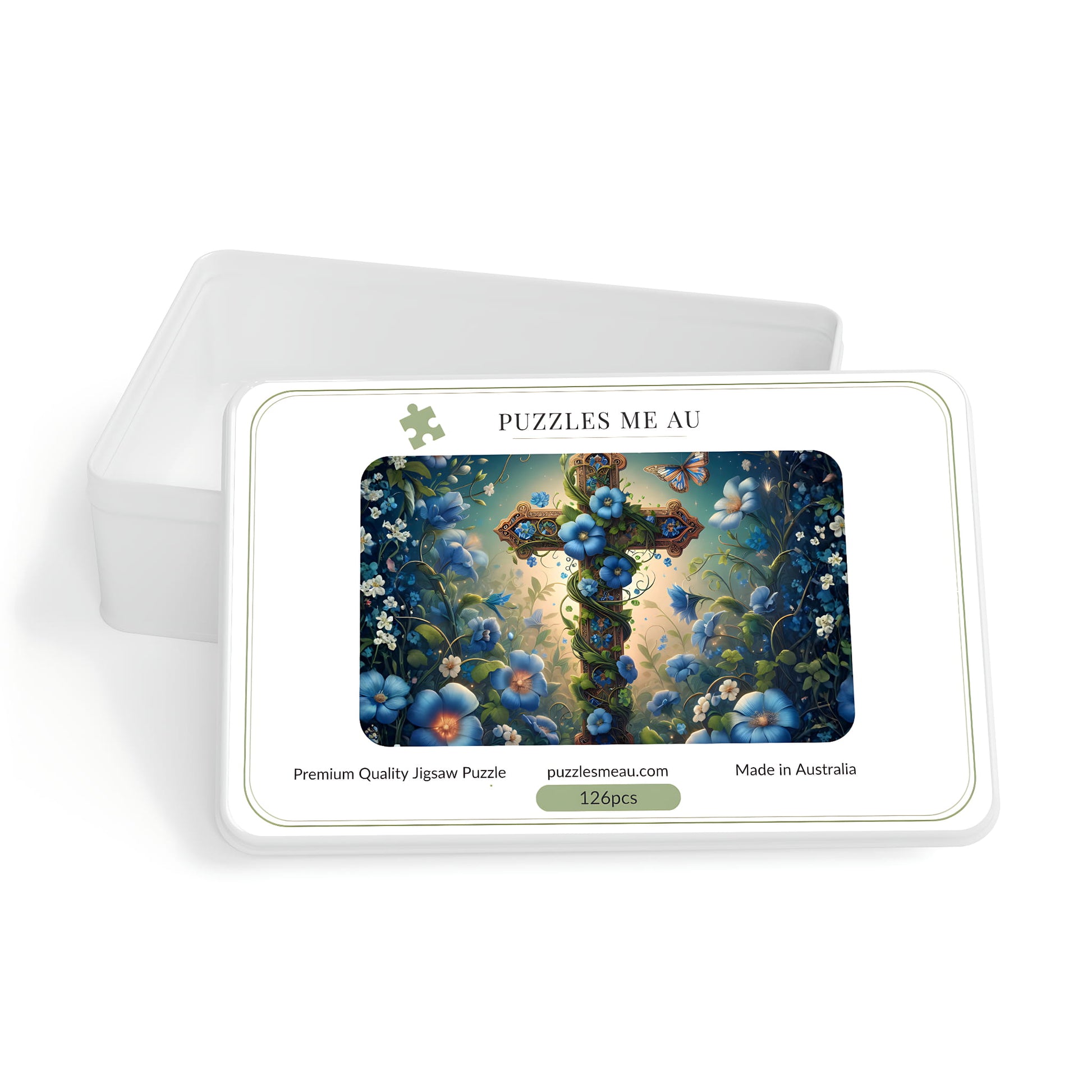 Puzzles Me AU branded box for Floral Cross Blue Garden 126-piece magnetic jigsaw puzzle - Premium Quality, Made in Australia