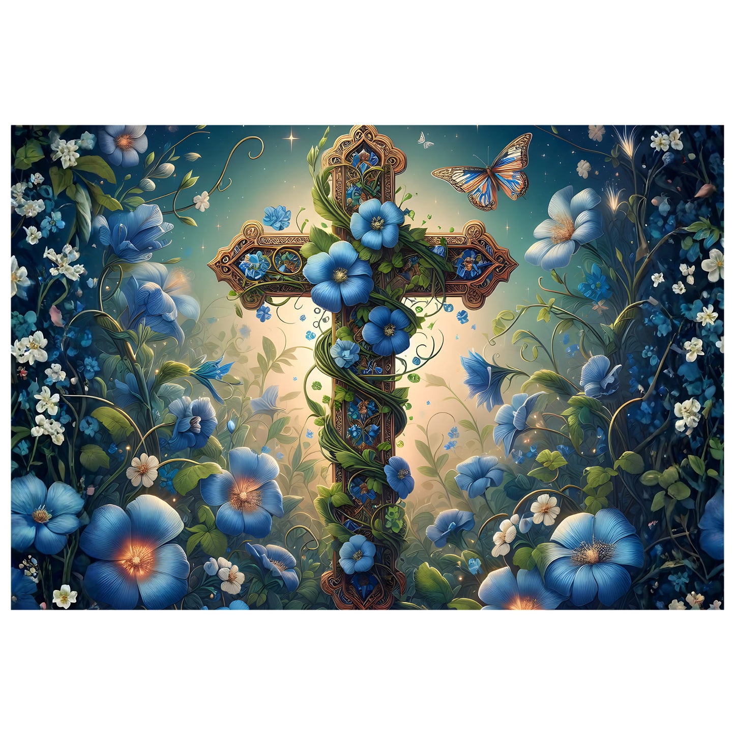 Reference image - Floral Cross Blue Garden spiritual art featuring an ornate cross wrapped in blue morning glory flowers, white blossoms and green vines with a glowing ethereal light, printed on premium matte photo paper