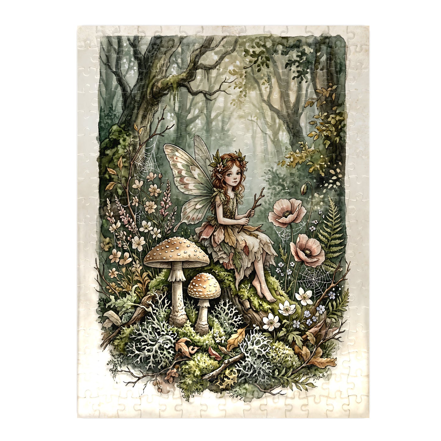 Forest Fairy 300-piece jigsaw puzzle assembled with fairy seated among mushrooms, poppies and ferns