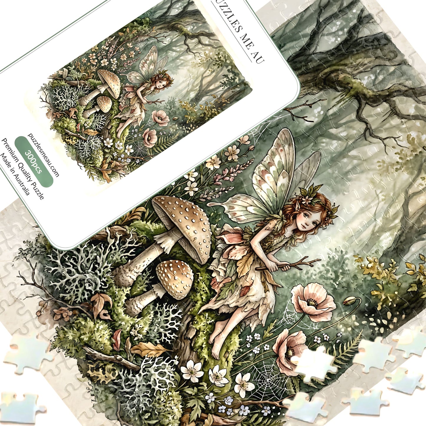 Forest Fairy 300-piece jigsaw puzzle with standard-size pieces, woodland fairy, mushrooms and wildflowers