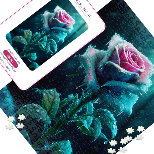 Gothic Frozen Rose 300 piece jigsaw puzzle - hero image showing completed puzzle with pink rose encased in ice and dark teal background - handmade in Queensland Australia