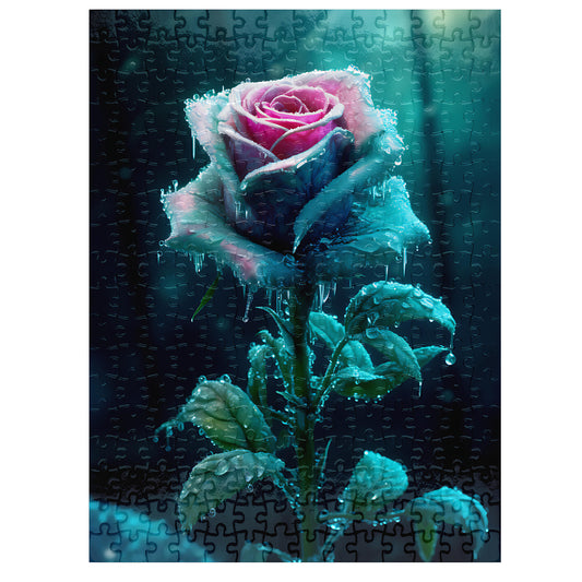 Gothic Frozen Rose jigsaw puzzle assembled — pink rose encased in ice with dripping water droplets, dramatic dark teal forest background, premium puzzle grade