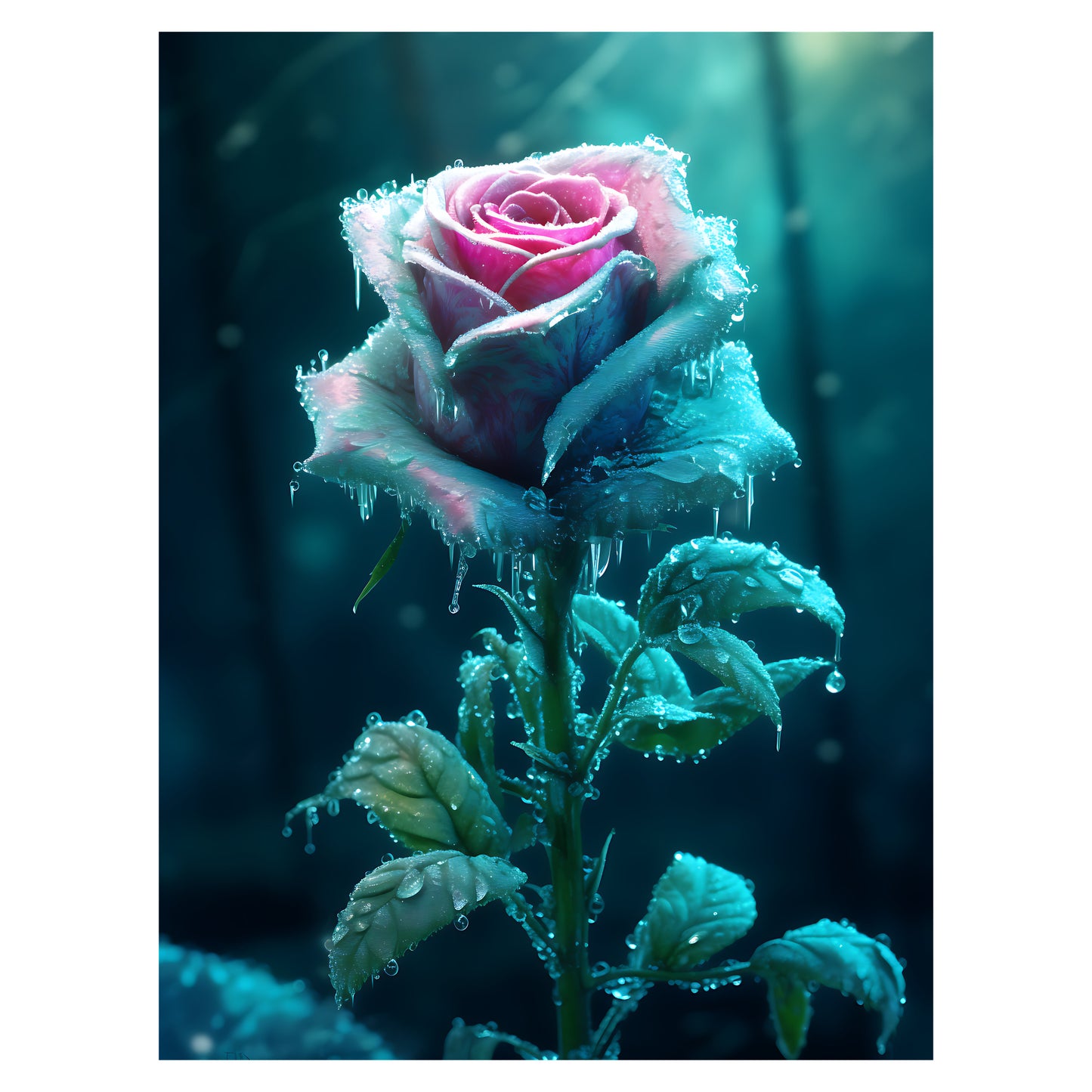 Gothic Frozen Rose artwork — pink rose frozen in ice with glistening water droplets and teal leaves, dark moody forest background, printed on premium matte photo paper
