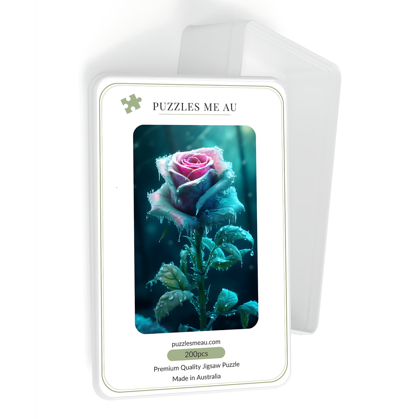 Puzzles Me AU branded box packaging for Gothic Frozen Rose jigsaw puzzle — 200 piece premium quality puzzle, made in Australia