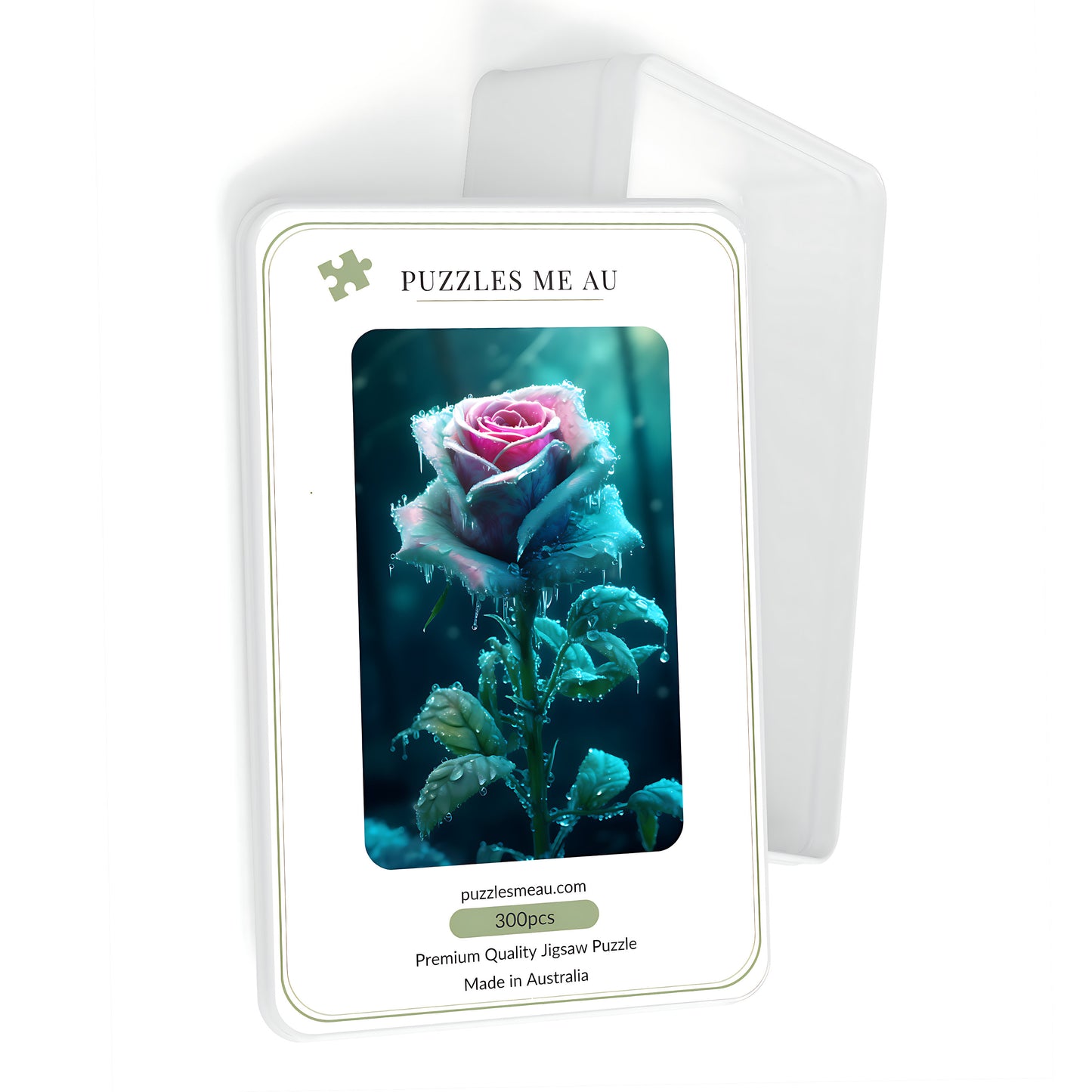 Puzzles Me AU branded box packaging for Gothic Frozen Rose jigsaw puzzle — 300 piece premium quality puzzle, made in Australia