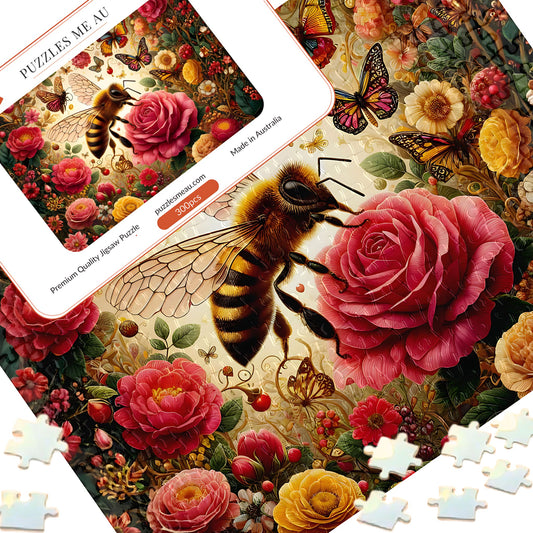 Puzzles Me AU Signature Edition metal keepsake box for honeybee rose garden 300 piece jigsaw puzzle - vibrant botanical artwork with golden honeybee, pink roses and dancing butterflies, premium gift-ready packaging, handmade in Queensland Australia