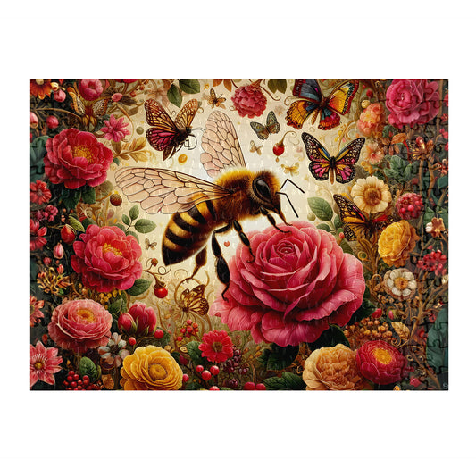 Honeybee and rose garden jigsaw puzzle 300 pieces - vibrant botanical wildlife art - handmade in Queensland Australia - Puzzles Me AU
