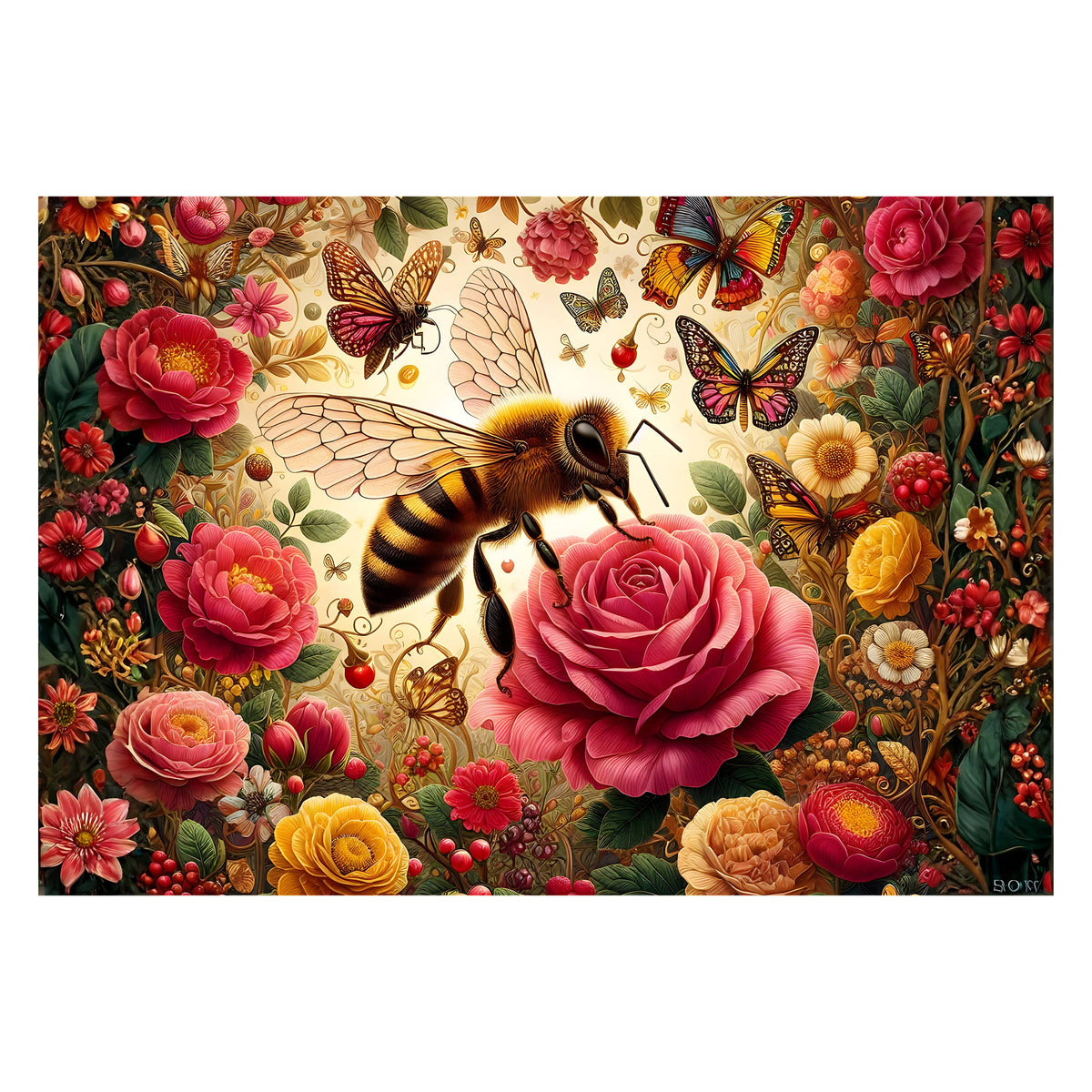 Honeybee pollinating a pink rose surrounded by butterflies and flowers - original artwork print - Puzzles Me AU