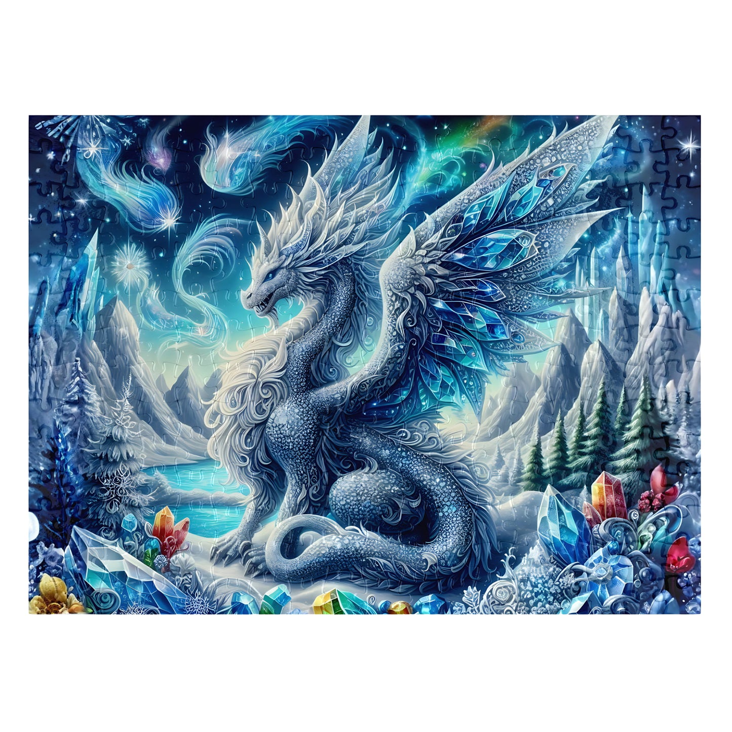 Ice Crystal Dragon 300-piece jigsaw puzzle assembled with icy dragon, gemstones and aurora sky