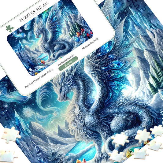 Ice Crystal Dragon 300-piece jigsaw puzzle with standard-size pieces, keepsake box and icy dragon artwork