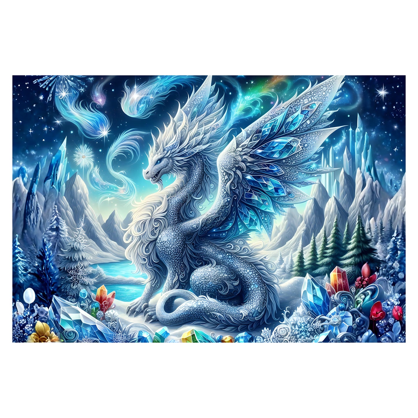 Ice Crystal Dragon puzzle artwork with icy dragon, glowing gemstones and aurora sky