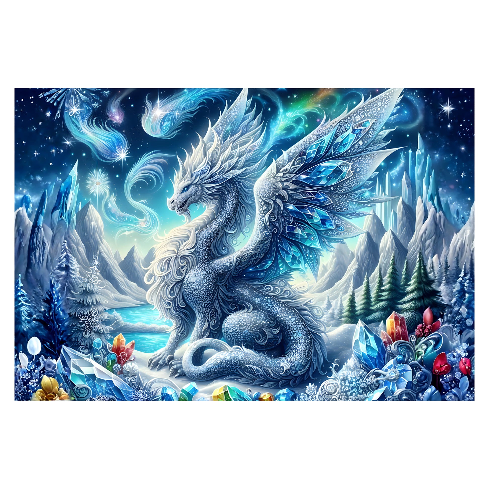 Ice Crystal Dragon puzzle artwork with icy dragon, glowing gemstones and aurora sky