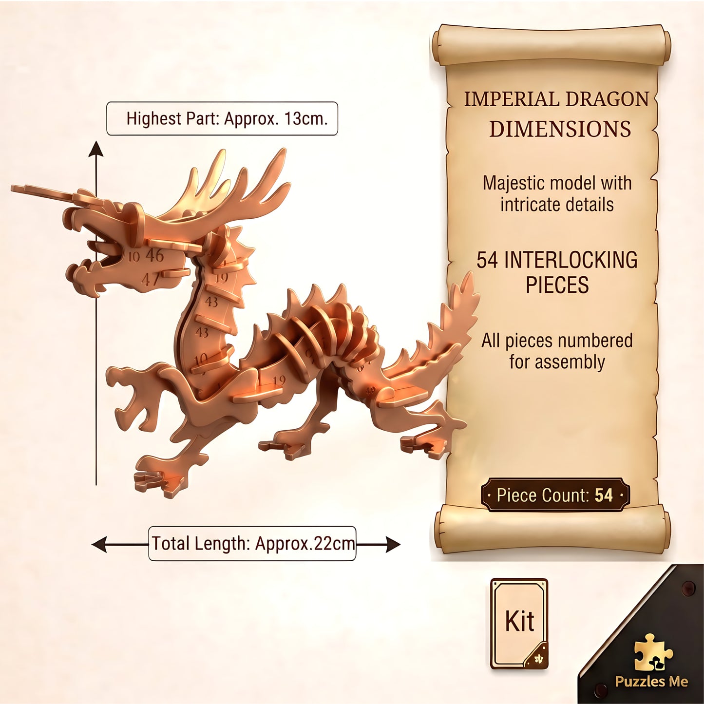 Imperial Dragon 3D puzzle model dimensions showing 22 cm length, 13 cm height and 54 pieces