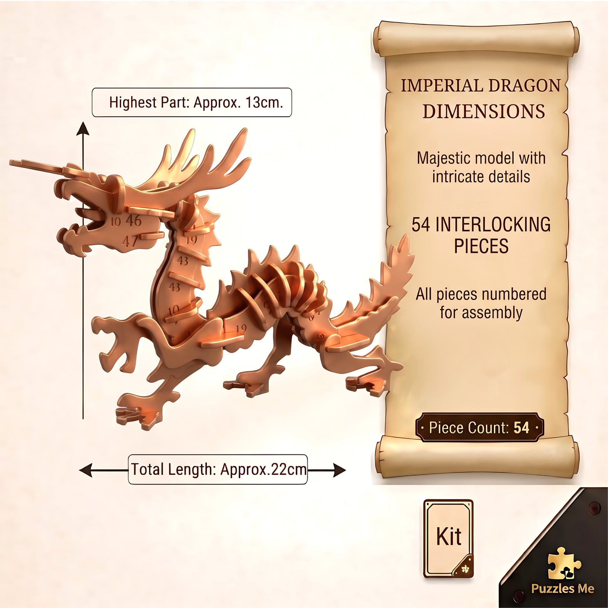 Imperial Dragon 3D puzzle model dimensions showing 22 cm length, 13 cm height and 54 pieces
