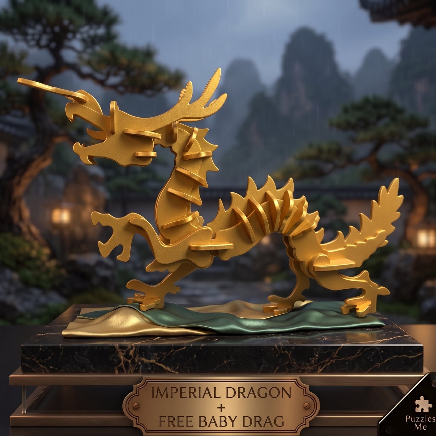 Imperial Dragon 3D puzzle kit assembled gold dragon model with free baby dragon on display base