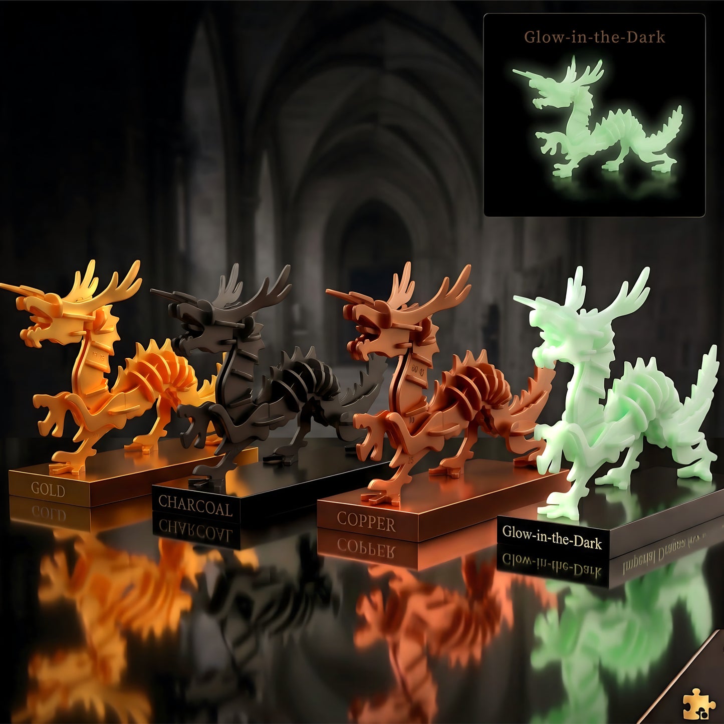 Imperial Dragon 3D puzzle models in Gold, Charcoal, Copper and Glow in the Dark colour options