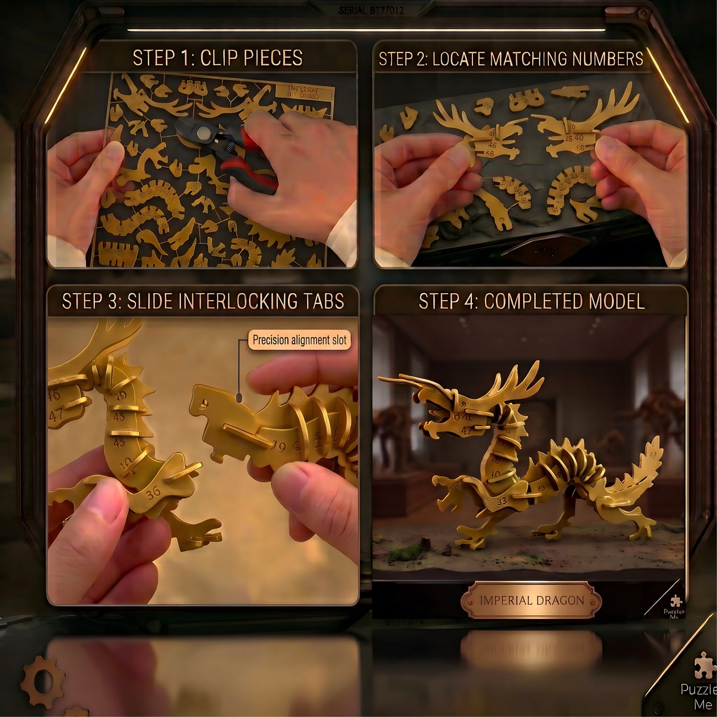 Imperial Dragon 3D puzzle kit step-by-step assembly guide for numbered interlocking pieces